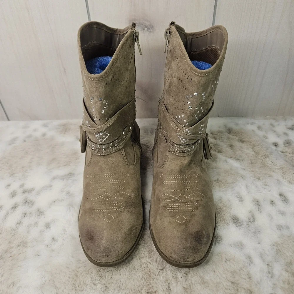 Justice Teen Girls Western Boots Size 8 Brown Tassels Bling Stitching Zip Close